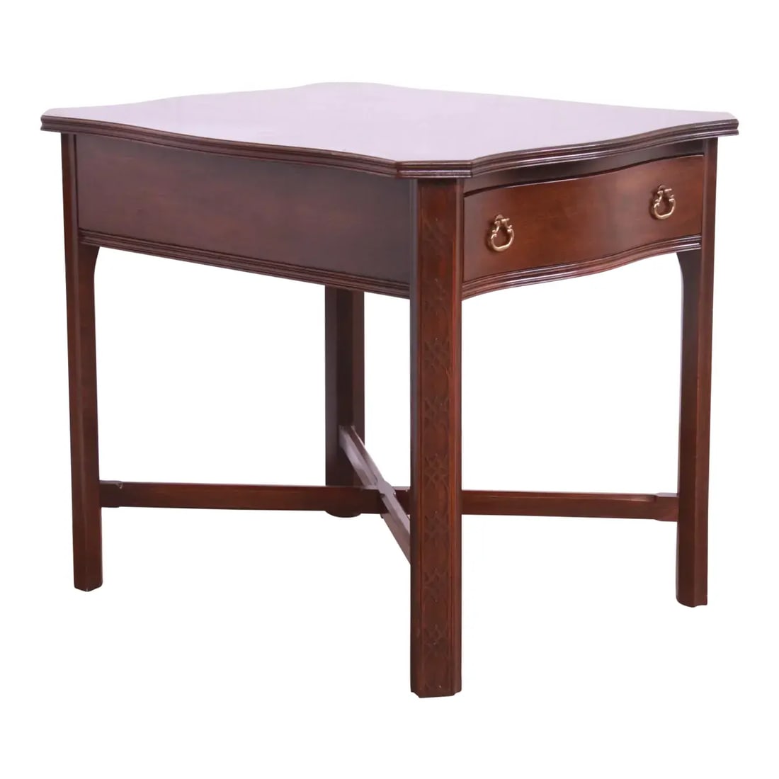 Late 20th Century Ethan Allen Georgian Carved Cherry Wood Tea Table or Occasional Side Table: A gorgeous Georgian or Chippendale style tea table or occasional side table By Ethan Allen USA, Late 20th Century Carved solid cherry wood, with "x" stretchers and original brass hardware. Measures: 2