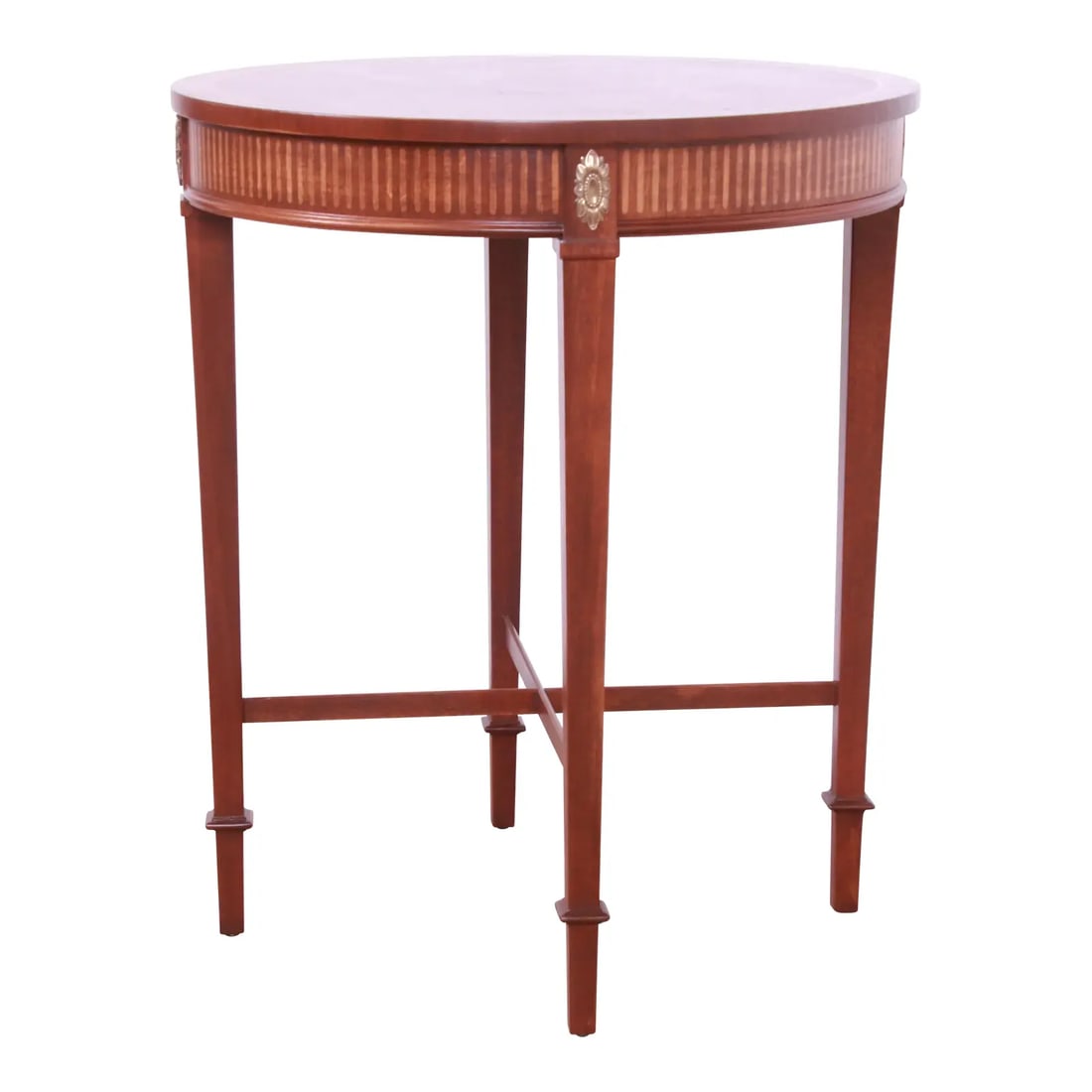 Baker Furniture Neoclassical Mahogany and Brass Tea Table, Newly Refinished: A gorgeous Neoclassical style occasional side table or tea table By Baker Furniture USA, Circa 1980s Mahogany, with satinwood inlay and mounted brass ormolu. Measures: 23.25"W x 23.25"D x 27.75"H. Pro