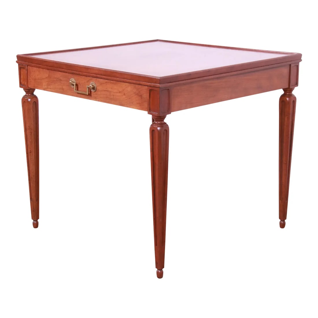 Baker Furniture French Regency Louis XVI Cherry and Burl Wood Tea Table: A gorgeous French Regency Louis XVI style tea table or occasional side table By Baker Furniture USA, Circa 1960s Carved cherry wood, with burl wood banding and original brass hardware. Measures: 26.25