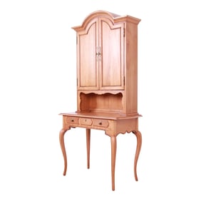 Thomasville French Provincial Louis XV Carved Oak Writing Desk With Bookcase Hutch Top