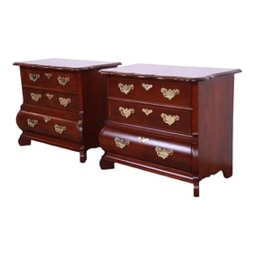 Baker Furniture Burl Wood and Walnut Bombay Form Bedside Chests, Newly Refinished