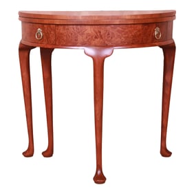 Baker Furniture Burled Walnut Queen Anne Flip Top Demilune Console Table, Newly Refinished