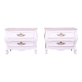 Baker Furniture French Provincial Louis XV White Lacquered Nightstands, Newly Refinished