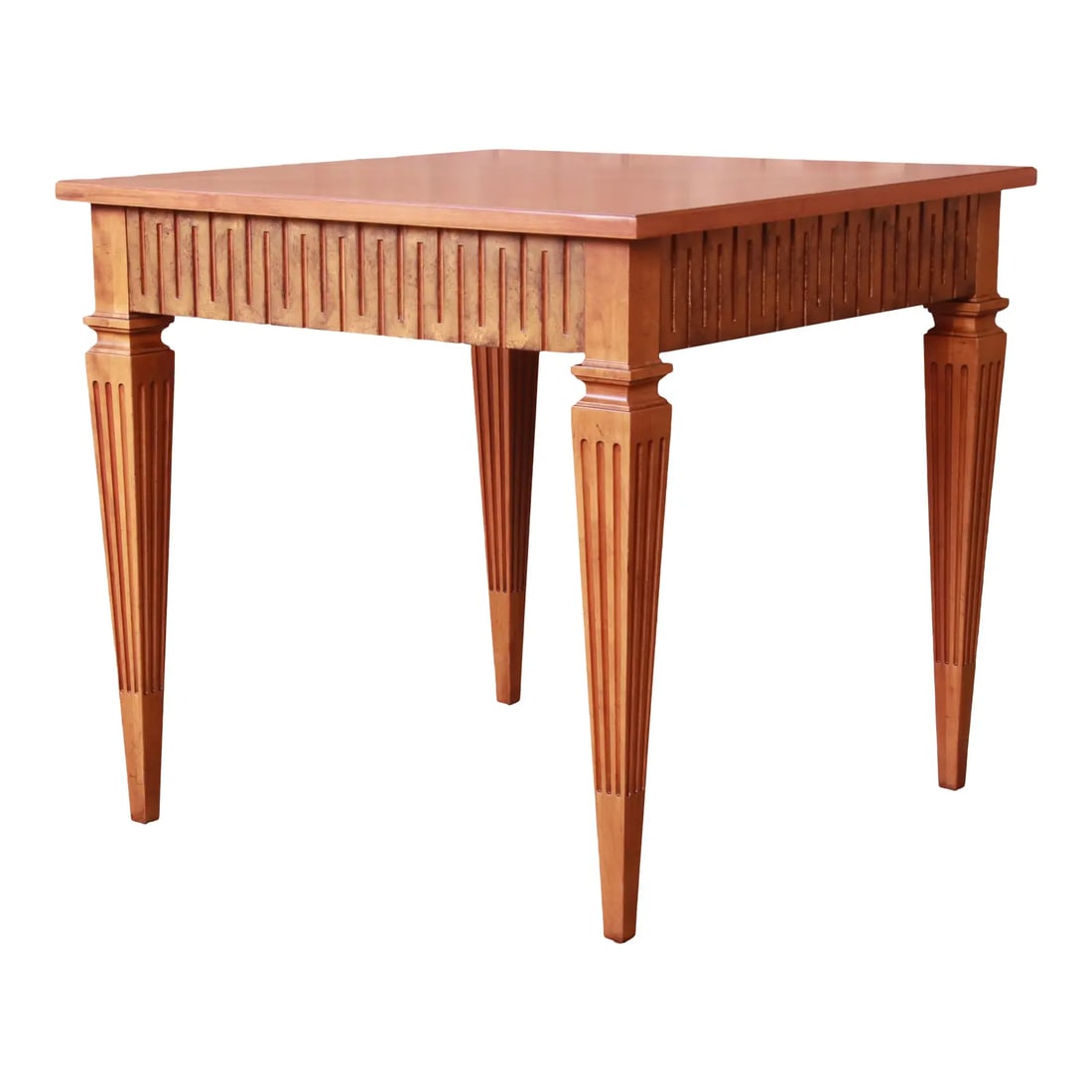 Baker Furniture French Regency Louis XVI Cherry Wood and Parcel Gilt Tea Table: A gorgeous French Regency Louis XVI style tea table or occasional side table By Baker Furniture USA, Circa 1980s Carved cherry wood, with parcel gilt trim. Measures: 29.75"W x 29.75"D x 28.25"H. Newly