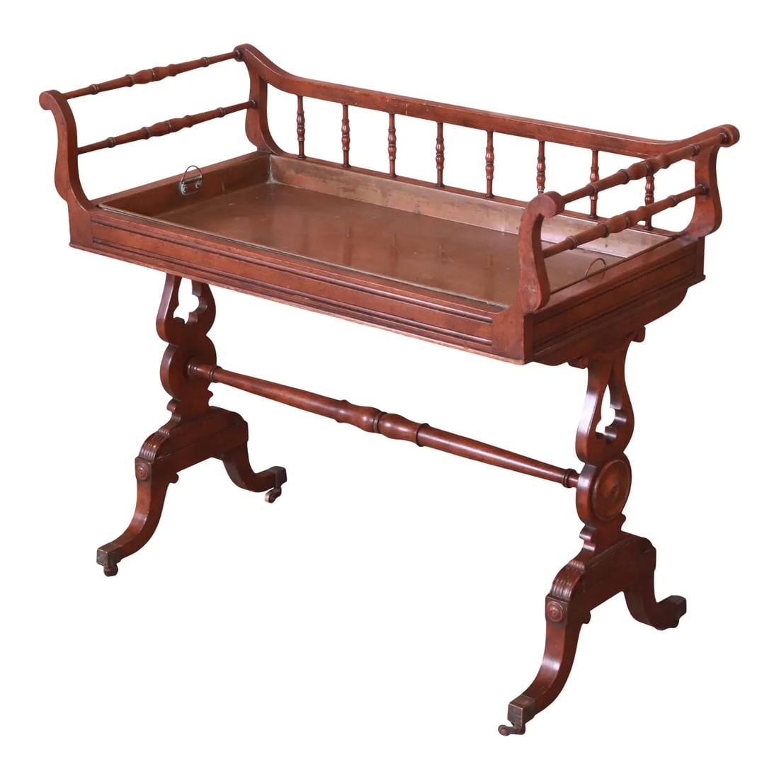 Baker Furniture Georgian Carved Mahogany Tea Table With Removable Copper Tray: A gorgeous Georgian or Regency style tea cart By Baker Furniture USA, Mid-20th Century Carved mahogany, with original copper pull-out tray. Could also be used as a planter. Measures: 36.5"W x 17.25"D