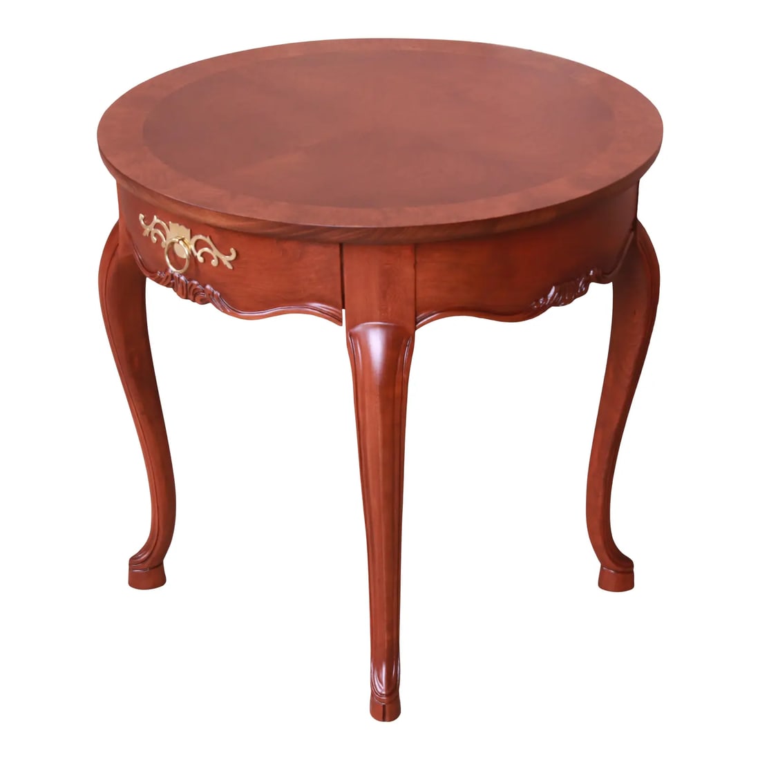 Baker Furniture French Provincial Louis XV Walnut and Burl Wood Tea Table, Newly Refinished: A gorgeous French Provincial Louis XV style occasional side table, nightstand, or tea table By Baker Furniture USA, Circa 1980s Carved walnut, with burled walnut banding, and original brass hardware.