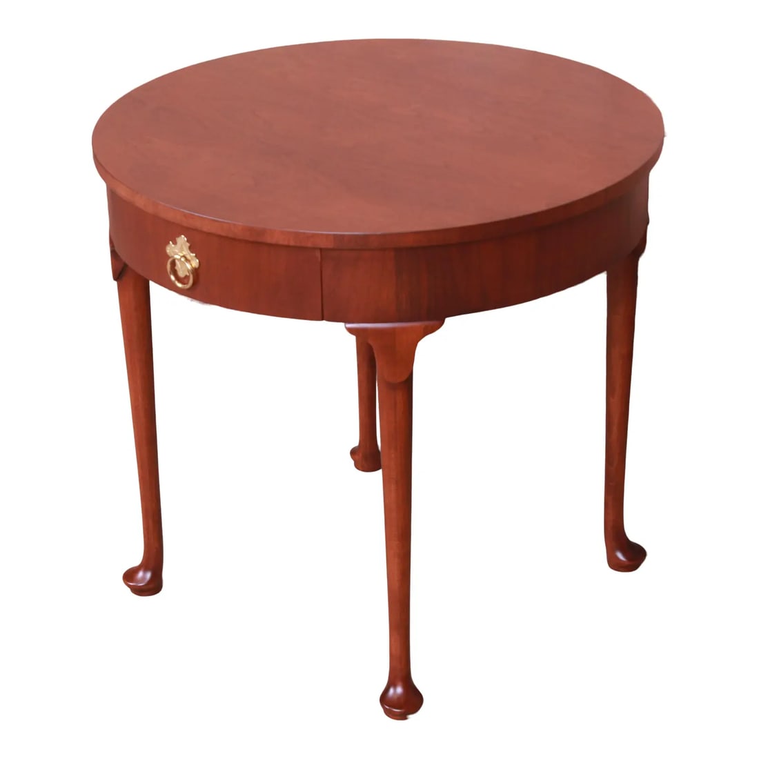 Baker Furniture Queen Anne Walnut Tea Table, Newly Refinished: A gorgeous Queen Anne style occasional side table, nightstand, or tea table By Baker Furniture USA, Circa 1980s Walnut, with original brass hardware. Measures: 25.75"W x 25.75"D x 24"H. Newly refinish