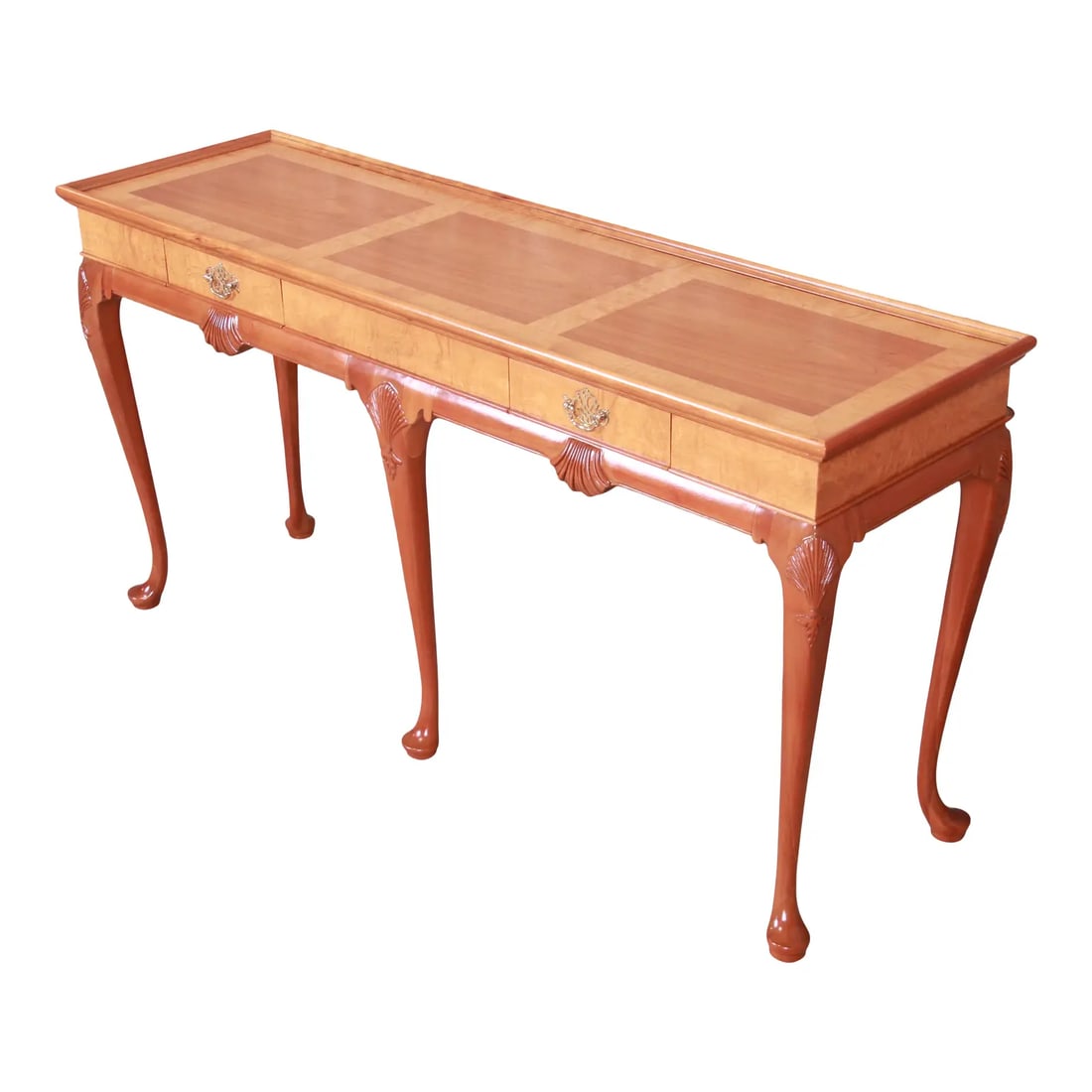 Baker Furniture Queen Anne Cherry and Burl Wood Console or Sofa Table, Newly Refinished: A gorgeous Queen Anne style console table or sofa table By Baker Furniture USA, Circa 1980s Carved cherry and burl woods with shell motif, cabriole legs, and original brass hardware. Measures: 54"W x