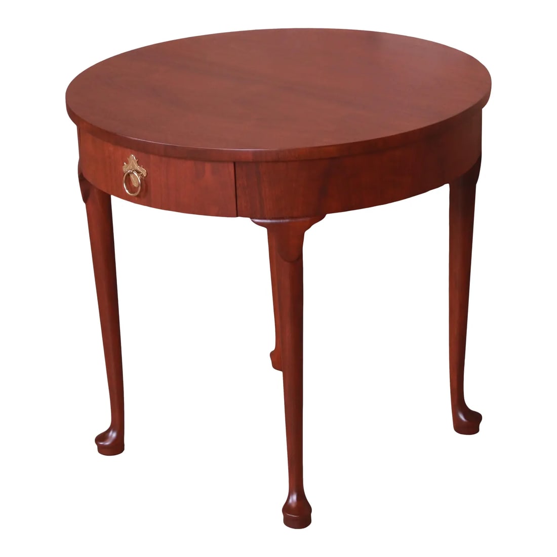 Baker Furniture Queen Anne Walnut Tea Table, Newly Refinished: A gorgeous Queen Anne style occasional side table or tea table By Baker Furniture USA, Circa 1980s Walnut, with original brass hardware. Measures: 25.75"W x 25.75"D x 24"H. Newly refinished. Excellent