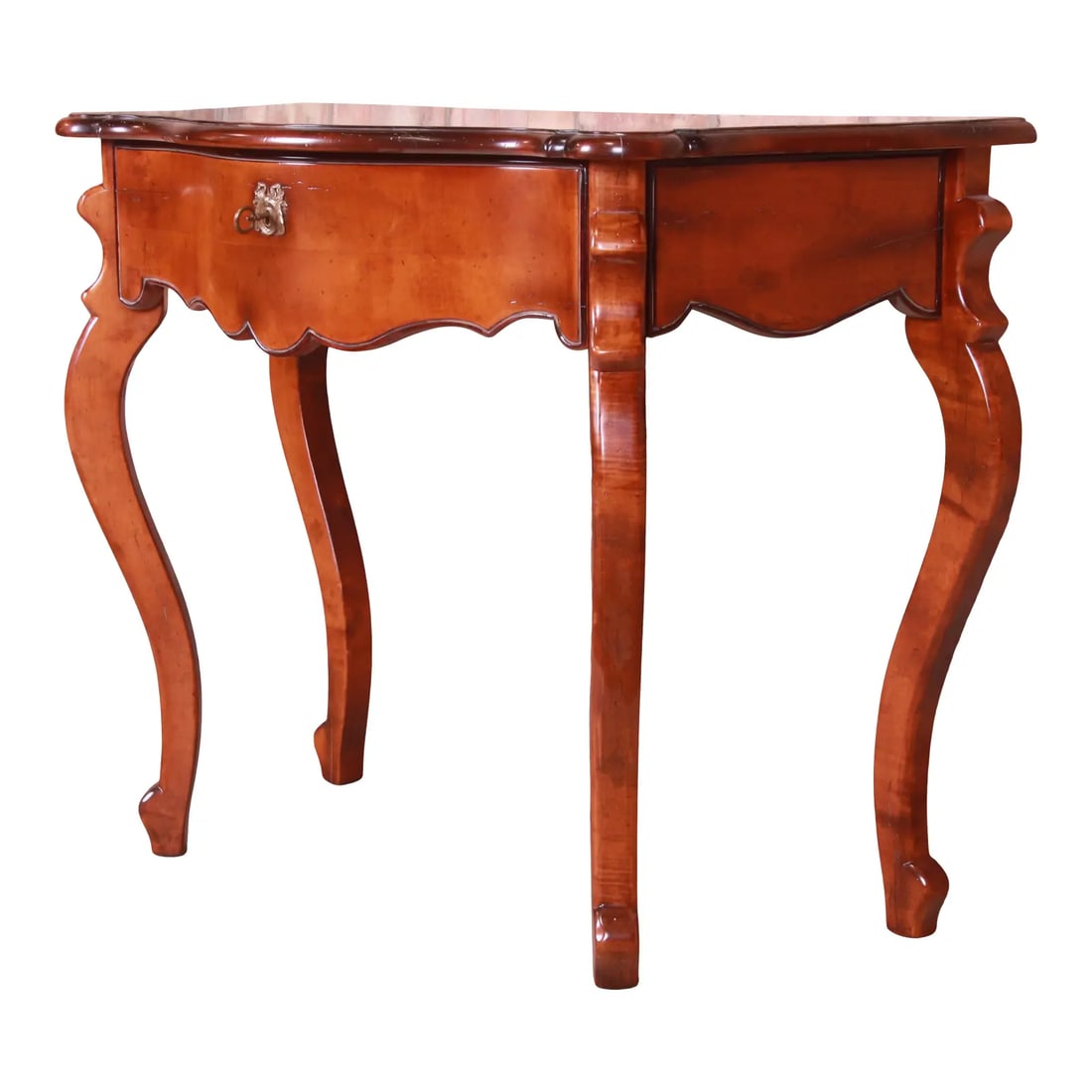 Baker Furniture Milling Road Italian Provincial Carved Maple Console or Entry Table: A beautiful Italian Provincial style console or entry table By Baker Furniture, "Milling Road" Collection Italy, Circa 1980s Carved maple, with original brass hardware. Drawer locks, and original key