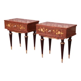 French Art Deco Macassar Ebony Inlaid Marquetry Nightstands, Circa 1950s
