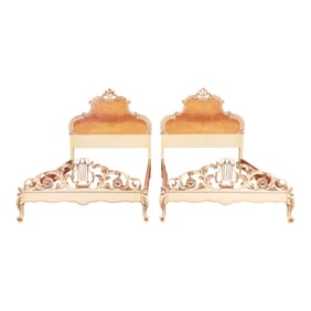 Romweber French Rococo Louis XV Burl Wood and Parcel Painted Twin Beds, Pair