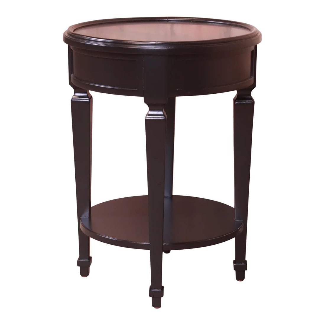 Baker Furniture French Regency Black Lacquered Tea Table, Newly Refinished: A gorgeous French Regency style black lacquered mahogany two-tier occasional side table or tea table By Baker Furniture USA, Circa 1990s Measures: 18"W x 18"D x 24.25"H. Newly refinished. Excellent co
