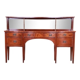 Baker Furniture Federal Mahogany Bow Front Sideboard Credenza With Mirrored Backsplash, Circa 1940s