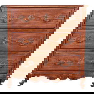 Baker Furniture French Provincial Louis XV Oak and Burl Wood Chest of Drawers or Commode: An exceptional French Provincial Louis XV style chest of drawers or commode By Baker Furniture USA, Circa 1980s Carved oak, with burl wood top and original brass hardware. Measures: 29.5"W x 16"D x 31
