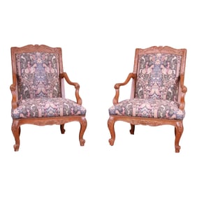 Baker Furniture French Provincial Louis XV Carved Fauteuils, Pair