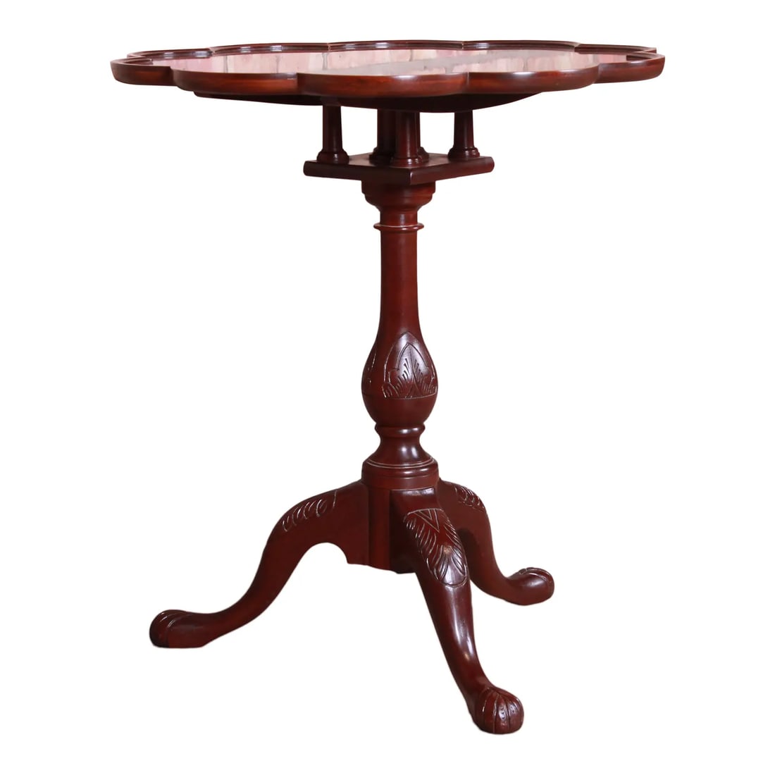 Baker Furniture Historic Charleston Carved Mahogany Tilt Top Tea Table: An exceptional carved mahogany tilt top tea table By Baker Furniture "Historic Charleston Collection" USA, Circa 1980s Measures: 25"W x 25"D x 28"H. Excellent original vintage condition.