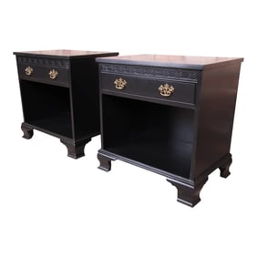 Baker Furniture Chippendale Black Lacquered Nightstands, Newly Refinished - a Pair