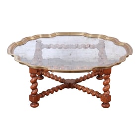 Baker Furniture English Barley Twist Oak, Brass, and Glass Cocktail Table