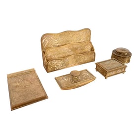 Tiffany Studios New York Pine Needle Bronze Doré and Favrile Slag Glass Five-Piece Desk Set, Circa