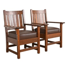Gustav Stickley Antique Mission Oak Arts & Crafts Arm Chairs, Pair