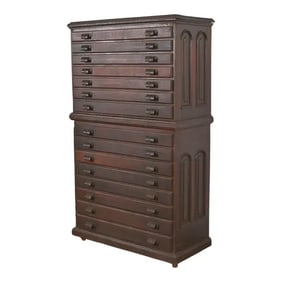 Antique Victorian Walnut 15-Drawer Architect's Blueprint Flat File Cabinet or Collector's Cabinet