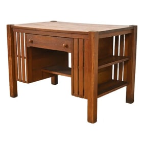 Stickley Brothers Style Antique Mission Oak Arts & Crafts Desk With Built-in Bookcases, Circa 1900