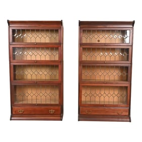 Globe Wernicke Antique Arts & Crafts Mahogany Four-Stack Barrister Bookcases With Leaded Glass