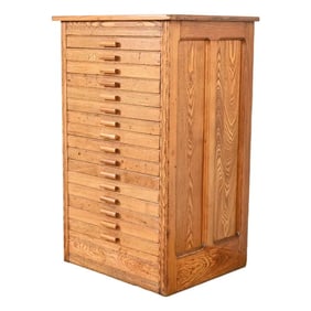 Antique Arts & Crafts Oak 16-Drawer Architect's Blueprint Flat File Cabinet, Circa 1900