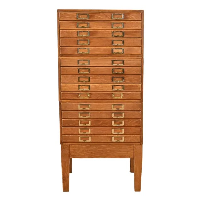 Antique Arts & Crafts Oak 15-Drawer Architect's Blueprint Flat File Cabinet, Circa 1900 (1 of 12)