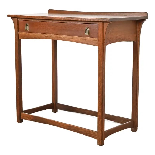 Lifetime Furniture Antique Mission Oak Arts & Crafts Puritan Buffet Server or Console Table: An exceptional antique Mission or Arts & Crafts Puritan sideboard, buffet server, or console table By Lifetime Furniture USA, Circa 1900 Gorgeous quarter sawn tiger oak, with original hammered copper