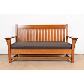 L. & J. G. Stickley Antique Mission Oak Arts & Crafts Open Arm Settee or Loveseat, Circa 1900