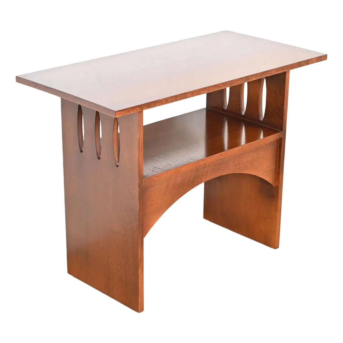 Limbert Style Mission Oak Arts & Crafts Two-Tier Console or Occasional Side Table: A beautiful Mission oak Arts & Crafts console table or occasional side table In the manner of Charles P. Limbert Co. USA, Circa Late 20th Century Measures: 36"W x 18"D x 27.25"H. Very good original vi