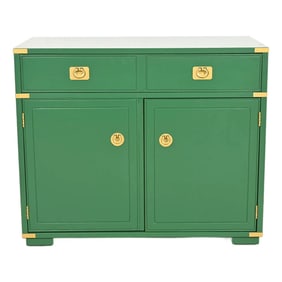 Thomasville Mid-Century Hollywood Regency Campaign Green Lacquered Bar Cabinet, Newly Refinished