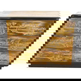 Bernhard Rohne for Mastercraft Acid Etched Brass Chest of Drawers, 1970s: A gorgeous Mid-Century Modern Hollywood Regency chest of drawers By Bernhard Rohne for Mastercraft Furniture USA, 1970s Acid etched brass, with black lacquered trim, and original brass hardware. Measu