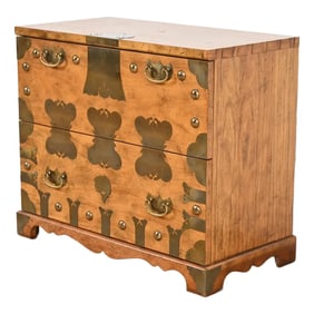 Baker Furniture Hollywood Regency Chinoiserie Korean Tansu Walnut and Brass Nightstand or Commode