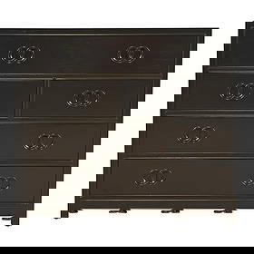 Michael Taylor for Baker Far East Collection Black Lacquered Dresser Chest, Newly Refinished: A stunning mid-century modern Hollywood Regency Chinoiserie five-drawer dresser or chest of drawers By Michael Taylor for Baker Furniture, "Far East" Collection USA, 1960s Black lacquered walnut, with