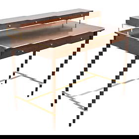 Paul McCobb Connoisseur Collection Mahogany and Brass Writing Desk, Newly Refinished: A rare and exceptional Mid-Century Modern writing desk By Paul McCobb for H. Sacks & Sons, "Connoisseur Collection" USA, 1950s Mahogany, with brass trim, stretchers, and hardware. Measures: 42"W x 24.