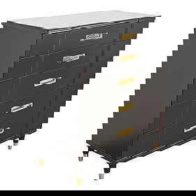 John Widdicomb Hollywood Regency Campaign Black Lacquered Highboy Dresser, Newly Refinished: An exceptional mid-century modern Hollywood Regency Campaign five-drawer highboy dresser By John Widdicomb USA, 1950s Black lacquered solid cherry wood, with original brass hardware and brass-capped f