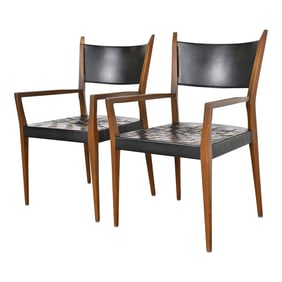 Paul McCobb for Directional Irwin Collection Mahogany and Woven Leather Armchairs, Pair
