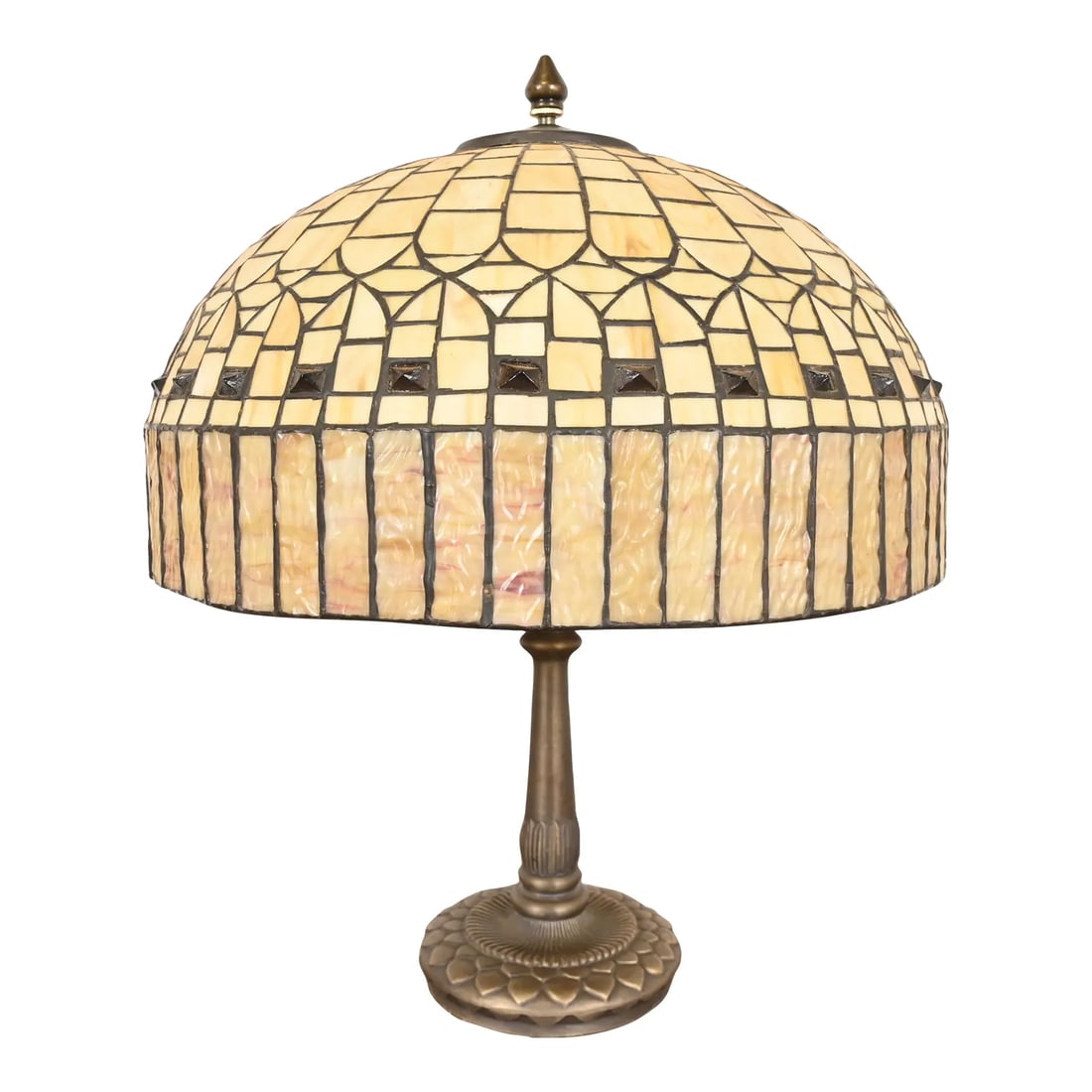 Tiffany Studios Style Arts & Crafts Table Lamp With Jeweled Caramel Glass Shade (1 of 11)