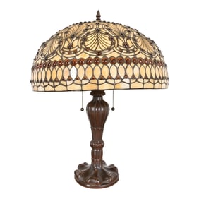 Tiffany Studios Style Arts & Crafts Table Lamp With Jeweled Stained Glass Shade