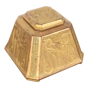 Tiffany Studios New York Chinese Pattern Bronze Doré Large Inkwell