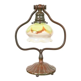 Tiffany Studios New York Bronze Harp Desk Lamp With Pulled Feather Favrile Glass Shade