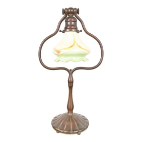 Tiffany Studios New York Bronze Harp Desk Lamp With Pulled Feather Favrile Glass Shade