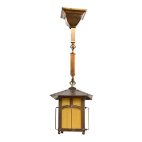 Roycroft Antique Arts & Crafts Brass and Caramel Glass Lantern Pendant Light, Circa 1920s