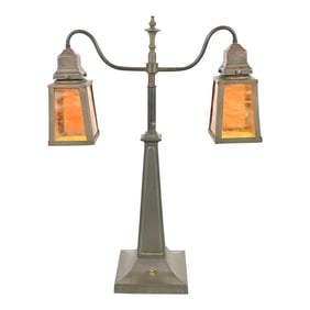 Handel Style Antique Arts & Crafts Bronze and Slag Glass Double Table Lamp, Circa 1920s