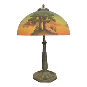 Antique Arts & Crafts Table Lamp With Reverse Painted Lake Scene, Circa 1920s