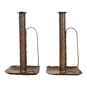 Roycroft Style Arts & Crafts Hammered Copper Handled Candlesticks, Pair