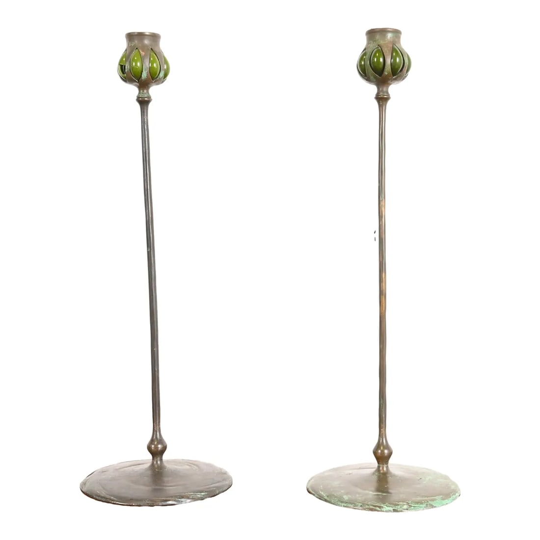 Tiffany Studios New York Bronze and Green Favrile Glass Puddle Candlesticks, Pair: A gorgeous pair of Arts & Crafts or Art Nouveau bronze and green favrile glass puddle candlesticks Attributed to Tiffany Studios New York, USA, Early 20th Century Measures: 5.75"W x 5.75"D x 17.75"H.